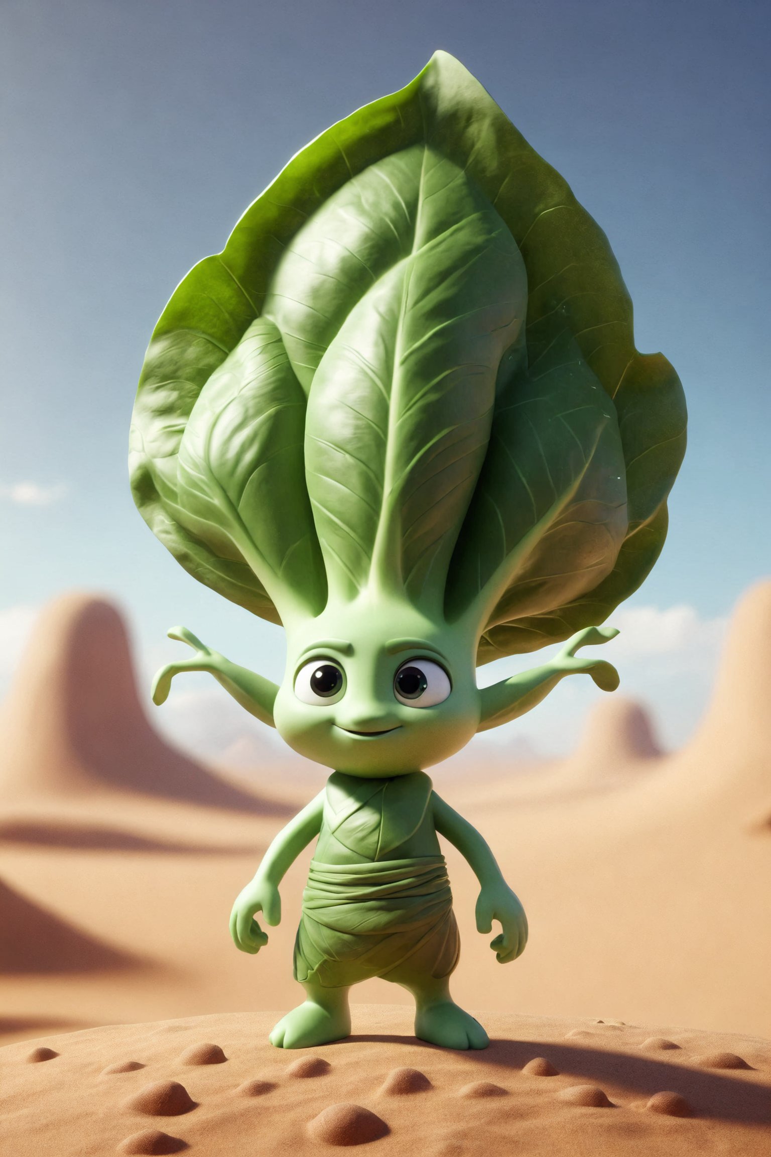 Epic characte cute style pixar of god of a spinach, full body mistic composition in a desert