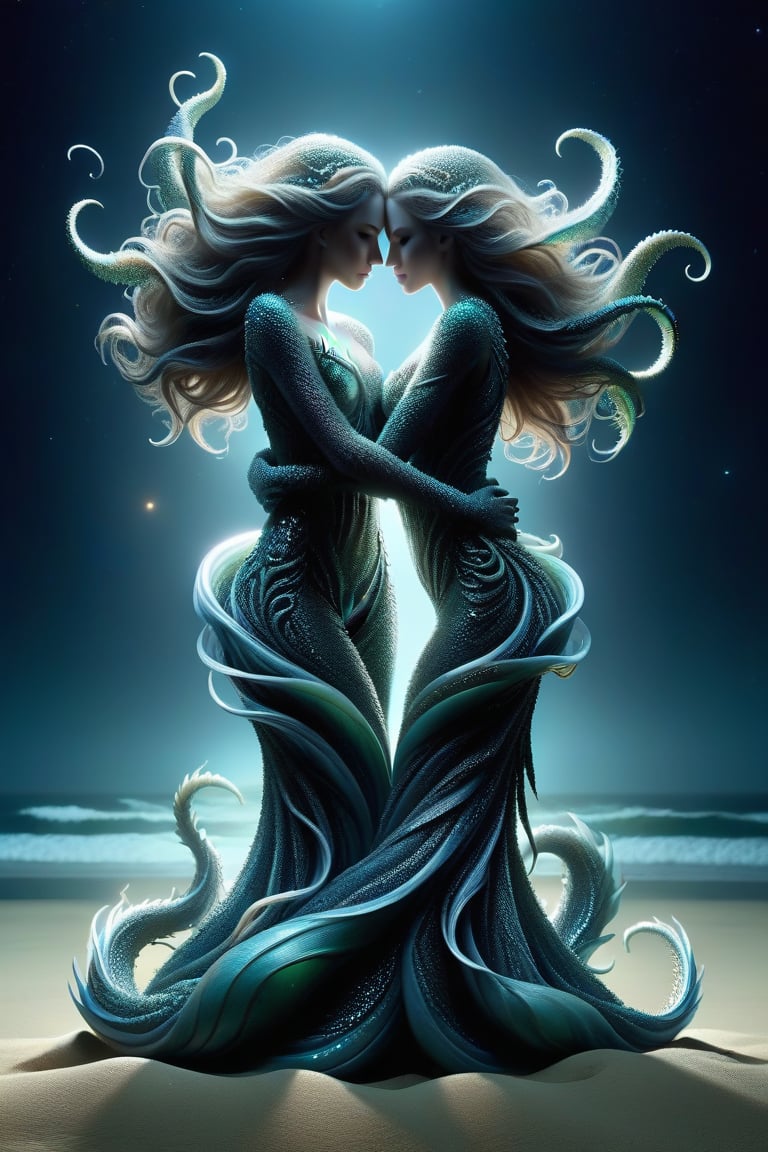 photo of 2 mermaids hugging each other on the sand of the ocean coast at night, cthulhu female tentacles:, horror movie scene, screams, night, dark photo, very cold environment, bokeh, depth of field, UHD, 8k, ultra resolution, detailed, close-up, deep background, award-winning photography, Dagon, HP Lovecraft's Epic Cinematic Trending on Artstation