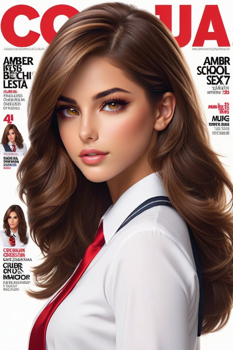 Super detailed magazine cover featuring a realistic sexy Latina girl with a pretty face, brown hair, long bob style haircut, amber eyes, sexy school uniform