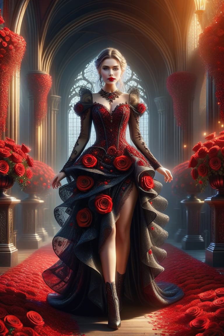 A beautiful girl in gothic style with an elegant dress, very hyper-detailed face, walking down the aisle of vibrant red roses. magic is everywhere. magical moments, she is happy to be alone in this world, very detailed image, photorealistic, masterpiece, dynamic light, sparkling,