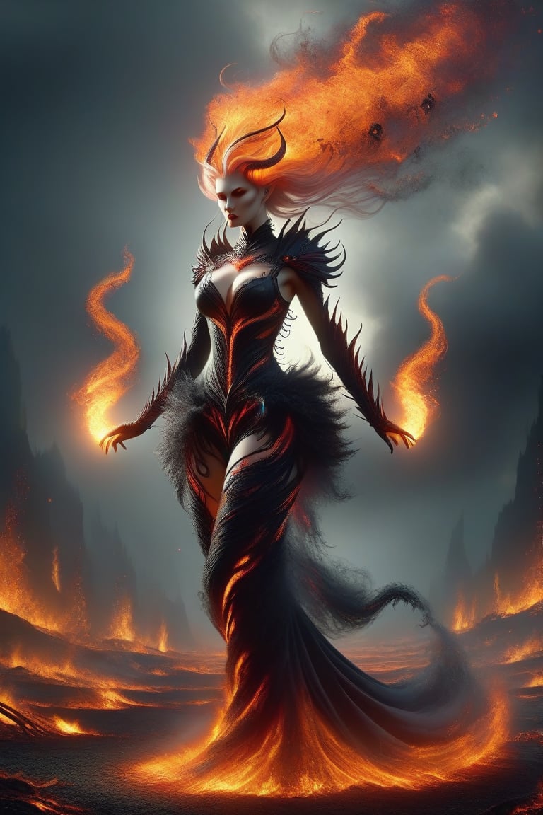 Imagine a demon woman, the very essence of evil. Her attire is something out of a horror movie, made of torns and ashes. She leaves a trail of fire wherever she walks. This scene is a mixture between dark fantasy and horror, full-body,style,DonM3l3m3nt4lXL