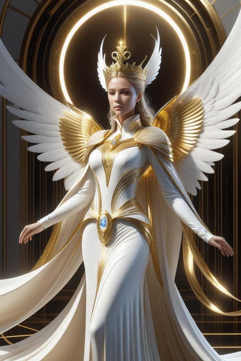  girl, solo, a queen, white robe, golden scepter, white curtain, full body, an angelic female personality with white and gold wings in the foreground, in futuristic design style, vray, intricate details, exquisite clothing details, sculpture organic, realistic bird illustrations, celestialpunk,
