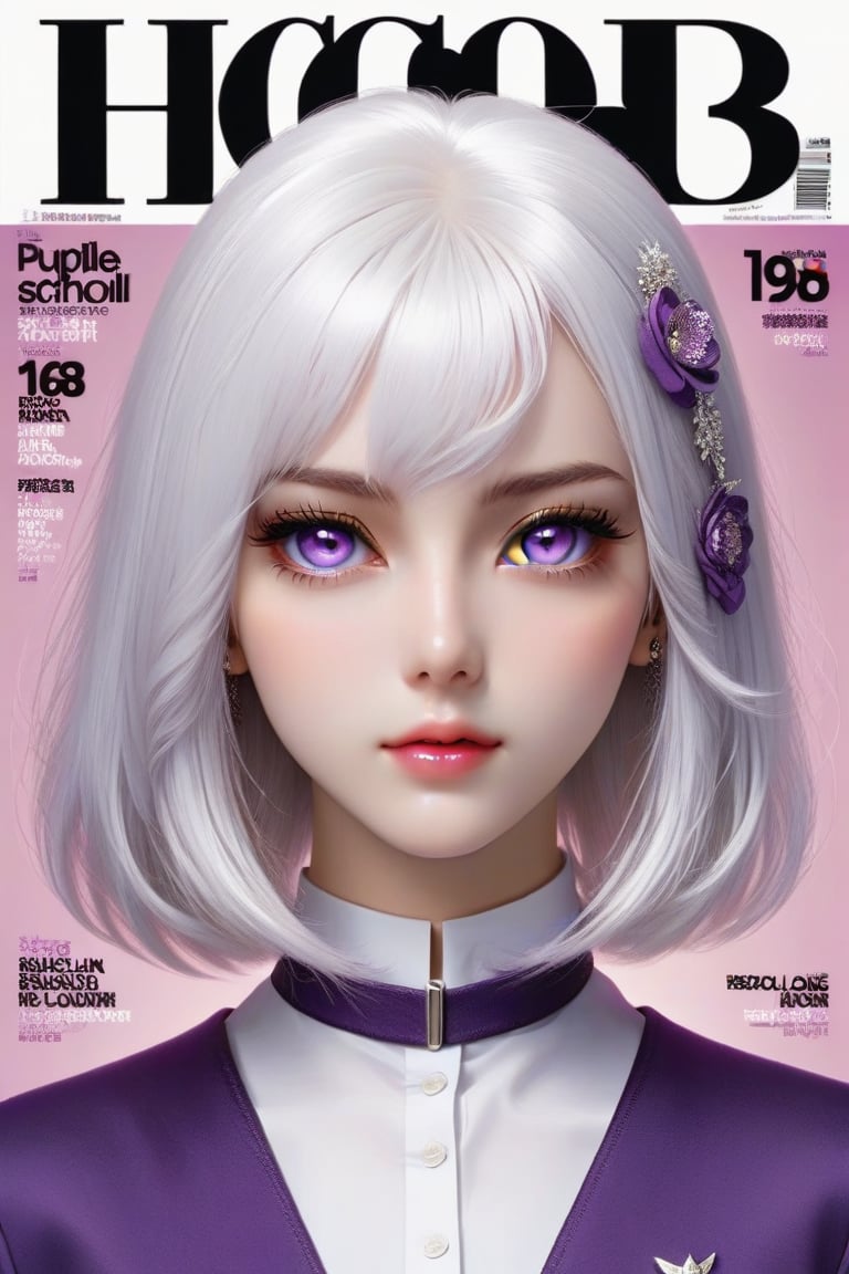 hyper detailed , cover magazine featuring a realistic sexy girl with, a pretty face, white hair, bob long haircut style , purple eyes, sexy school uniform