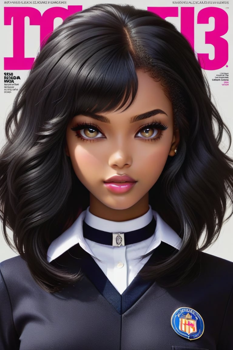 Super detailed magazine cover featuring a realistic sexy black girl with a pretty face, black hair, long bob haircut, black eyes, sexy school uniform