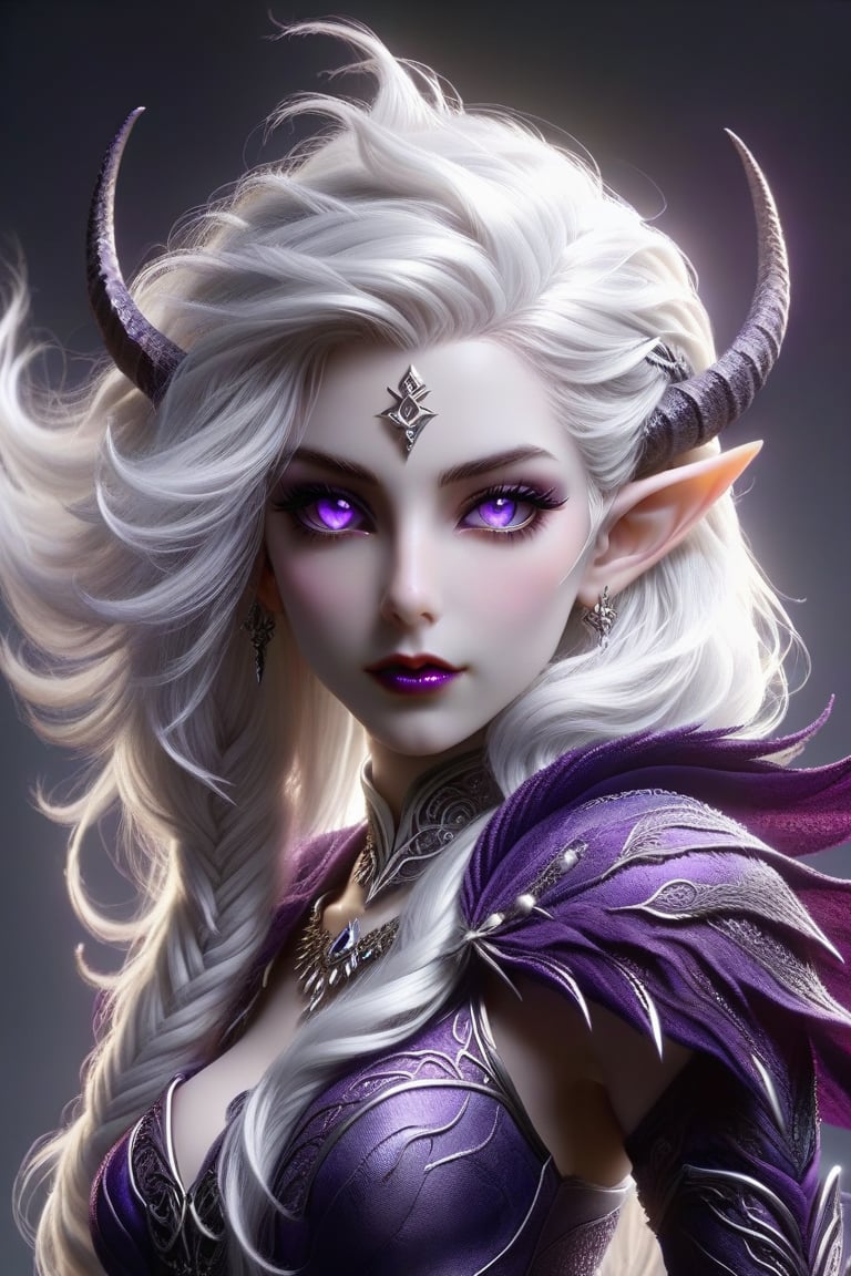 depiction of a female drow, dnd , elf , purple eyes, white hair: , young ann miller, extremely detailed,  octane, full body, zoomed out,   photo realistic, 