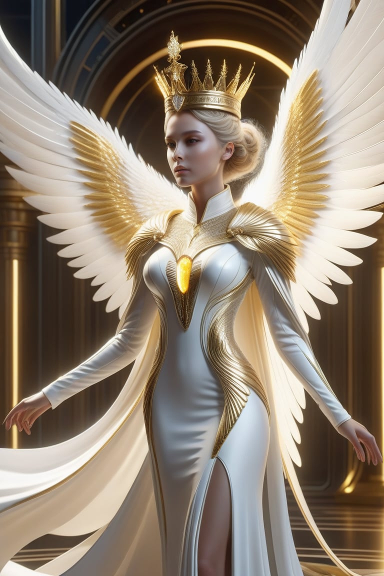  girl, solo, a queen, white robe, golden scepter, white curtain, full body, an angelic female personality with white and gold wings in the foreground, in futuristic design style, vray, intricate details, exquisite clothing details, sculpture organic, realistic bird illustrations, celestialpunk,