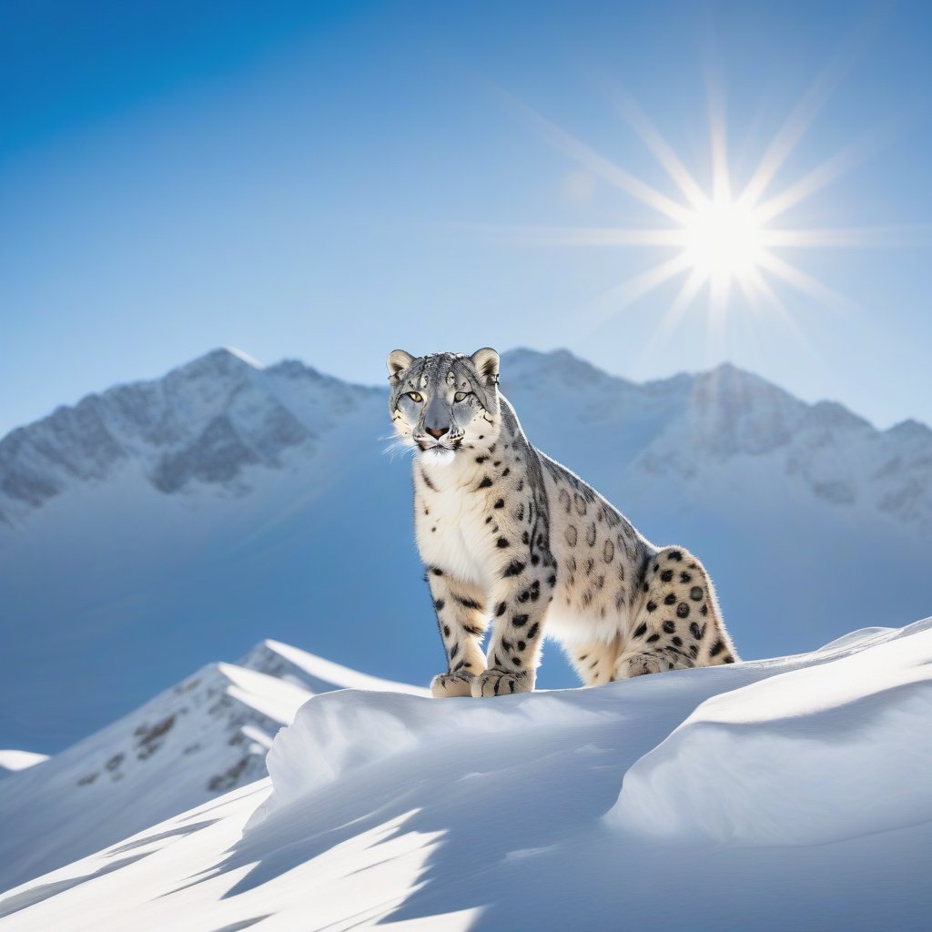 A majestic snow leopard climbing alone on a snow-covered peak, framed against a clear blue sky, with the sun casting soft shadows on the pristine white landscape.