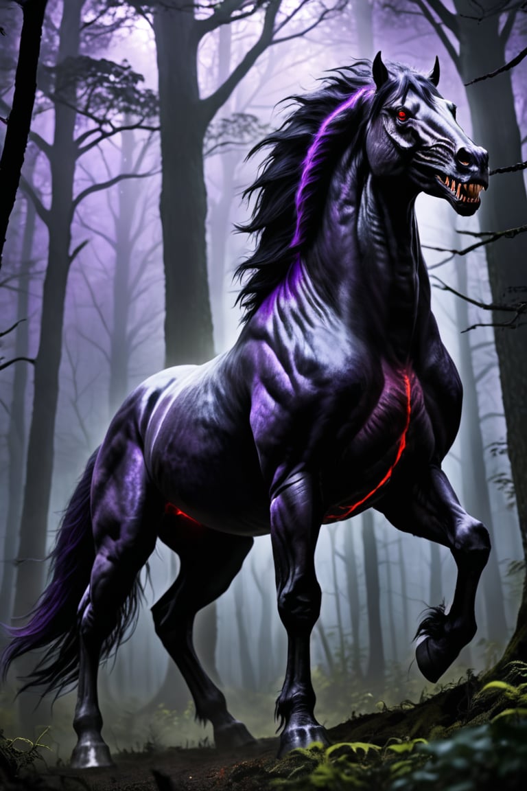 best aesthetic, best quality, masterpiece, more detail XL, absurdres, perfect eyes, solo, black monster horse, wide mouth with sharp teeth, red glowing eyes, carnivorous horse, full body, perfect horse anatomy, horror atmosphere, dim lighting, low light, chiaroscuro, colored forest background, dark purple aura around monster horse, purple theme,DonMM1y4XL