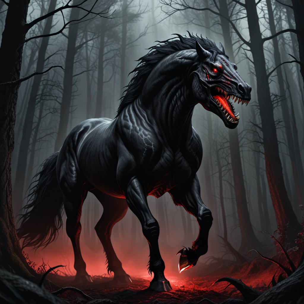 best aesthetic, best quality, masterpiece, more detail XL, absurdres, perfect eyes, solo, black monster horse, wide mouth with sharp teeth, red glowing eyes, carnivorous horse, full body, perfect horse anatomy, horror atmosphere, dim lighting, low light, chiaroscuro, colored forest background, dark aura around monster horse