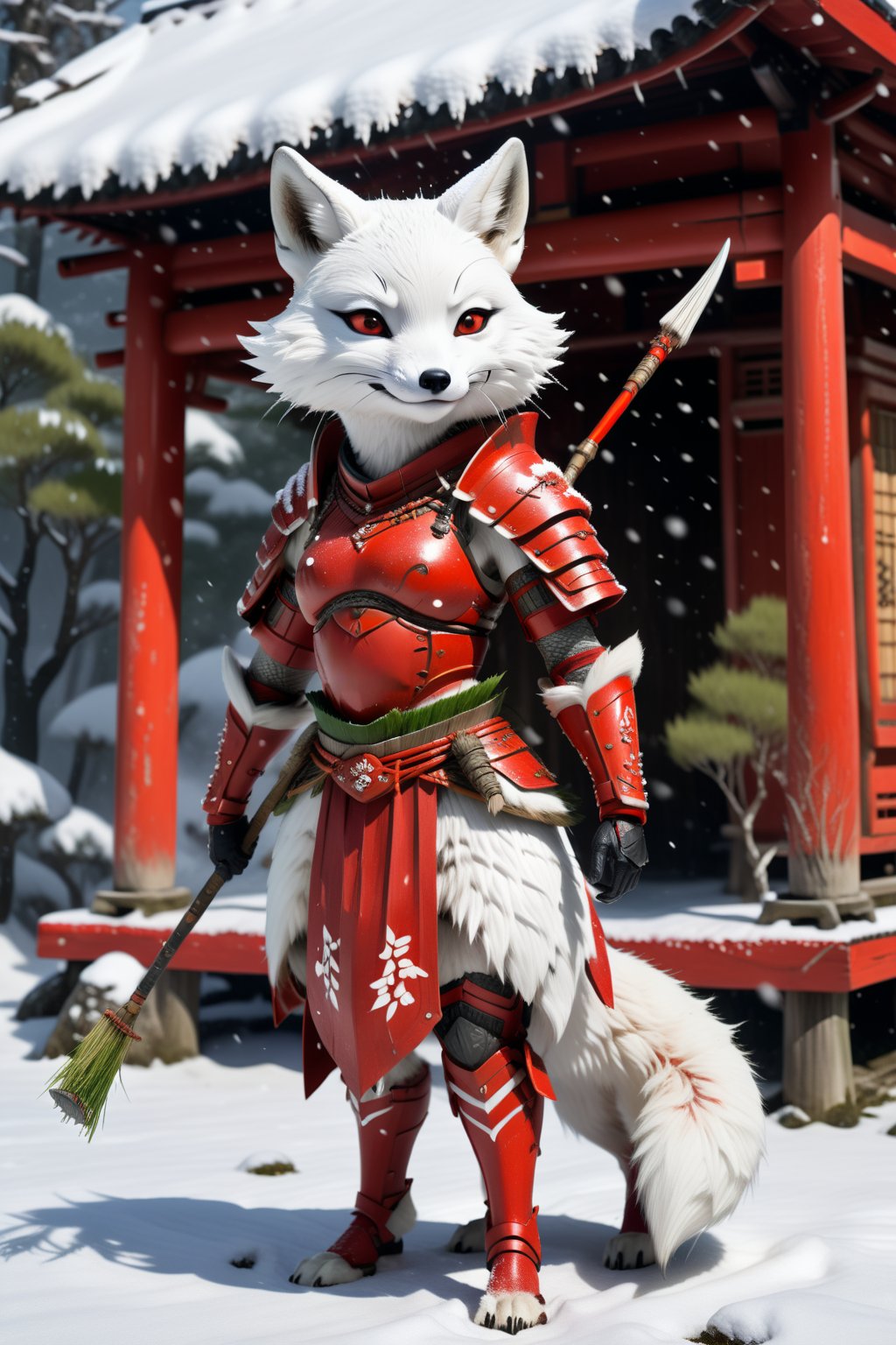 The avatar of a white fox has a plump and slender figure of a female human, holding grass in its mouth, wearing red simple armor, standing in front of a Japanese hut, holding a spear, the scene is snowing, and there are small snowdrifts on the body