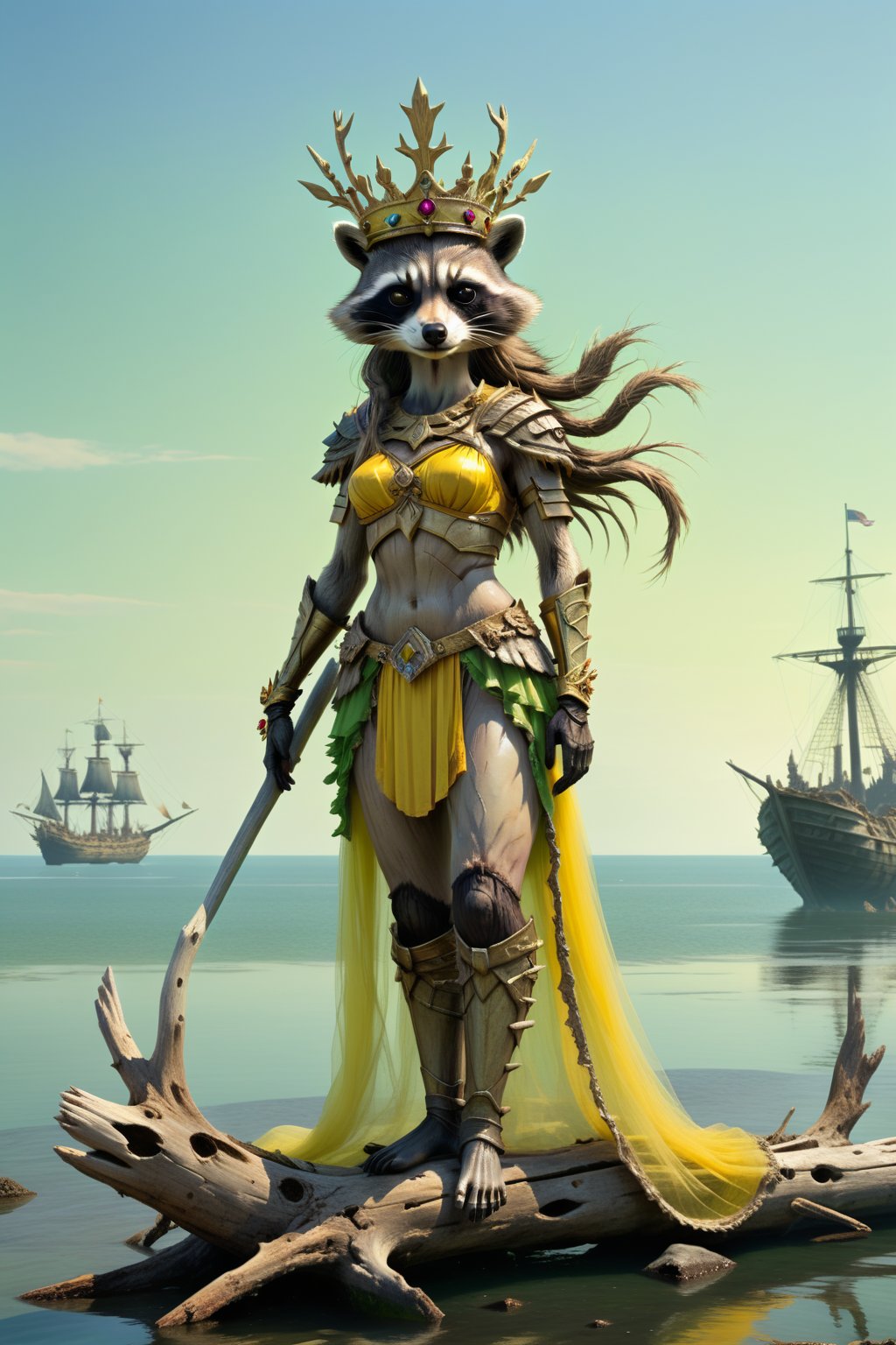 She has the head of a raccoon, wears a crown, and has the slender figure of a human woman. She is wearing tulle and yellow light armor. She is standing on a driftwood on the sea, holding a green bow in her hand. Looking at the distance, there is an ancient warship behind her.