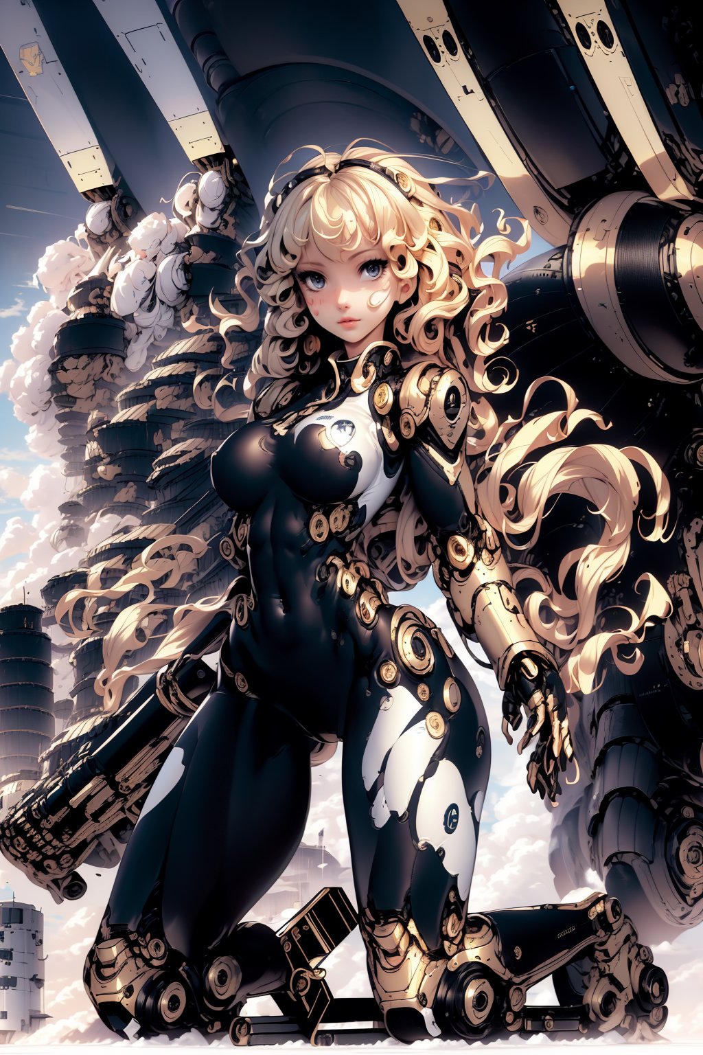 A woman with blond curly hair, black eyes, slender figure, wearing a golden tights and precision mechanical armed equipment, covering part of her body, in a kneeling position, holding a cannon in her hand, looking up, the picture is taken from top to bottom, her face Facing the huge robot, with a military base in the background
