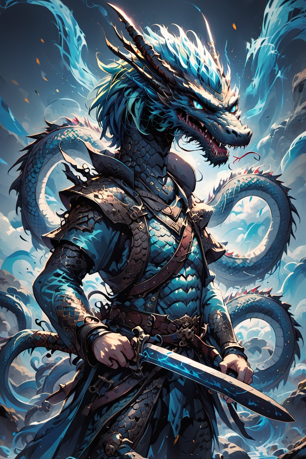 There is a blue-haired man holding a katana, holding a knife in his mouth, wearing broken armor, and carrying a gun on his back. The man has a short haircut, and a giant dragon with white body and dense scales. The dragon has clear aqua blue eyes. eye, man looking in the air