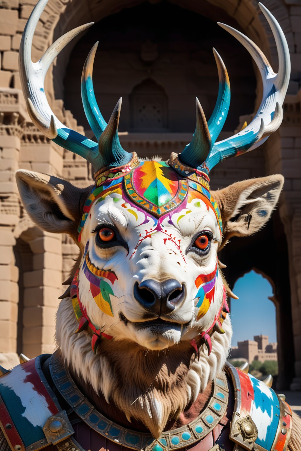 The head of a male elk, the color of the head is colorful, the horns on the head emit gas, the body is a large white bear, wearing armor, the location is in front of the ancient Arabian palace, responsible for guarding the gate, the eyes emit white light, the overall feeling is very sacred