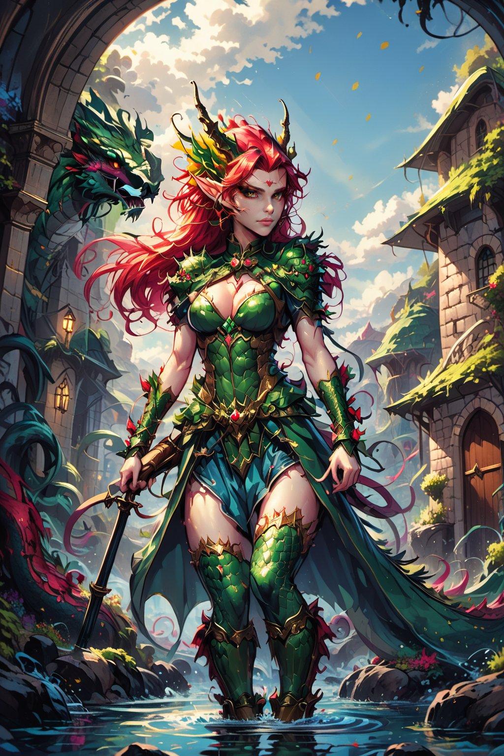 The pink tight-fitting leather outfit shows off a good female figure. The body is partially covered with green armor, revealing slender legs and yellow military boots. A European woman with medium-length red hair, holding a bow in her hand, and her ears are shaped like an elf;
A water-blue dragon sprang out from the building. There were water marks on the dragon's scales, and it felt like it had just emerged from the bottom of the water.
