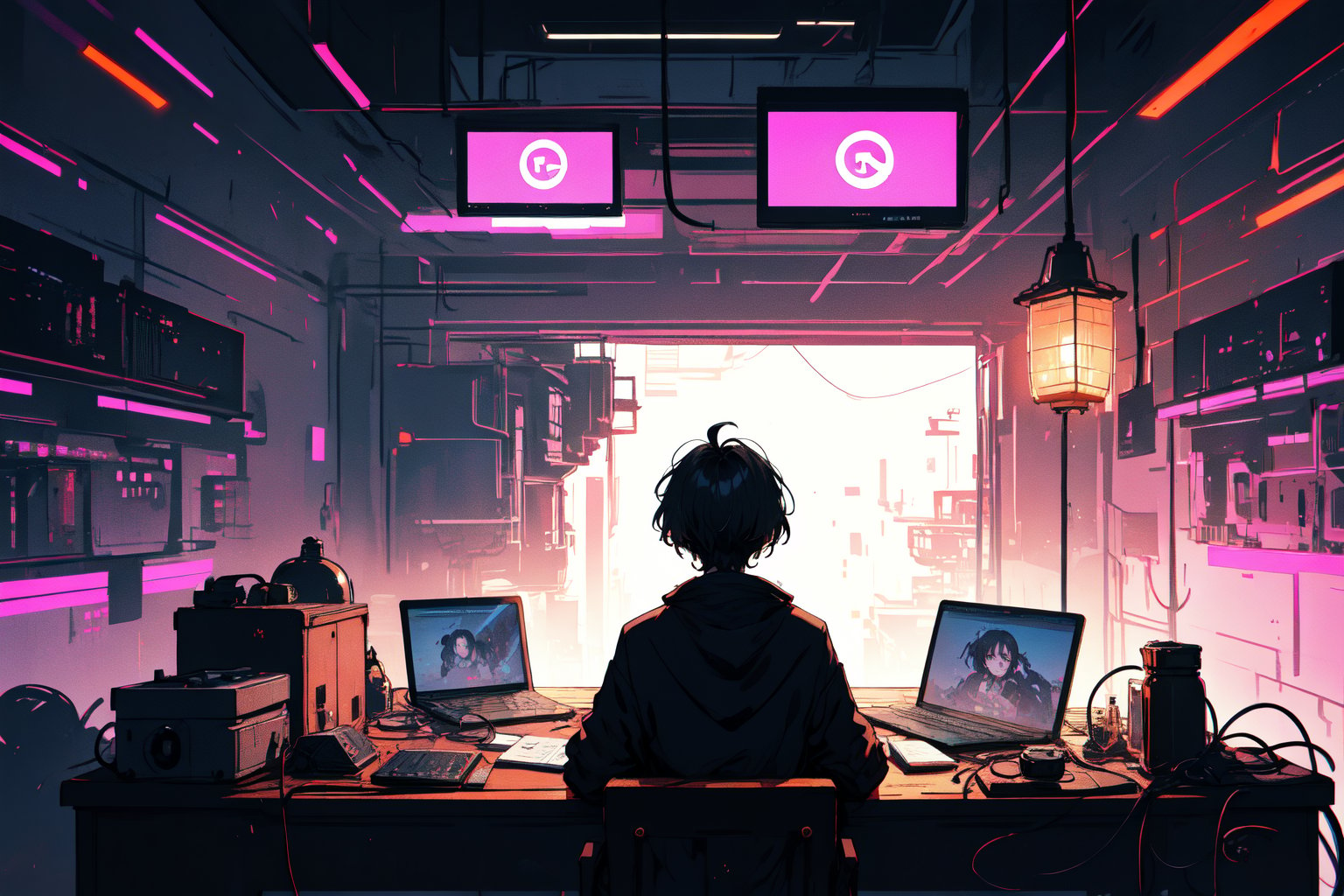 Character of a boy in black jacket, black hair, typing on laptop, futuristic neo japan background, in a room, taken_from_behind shoot 