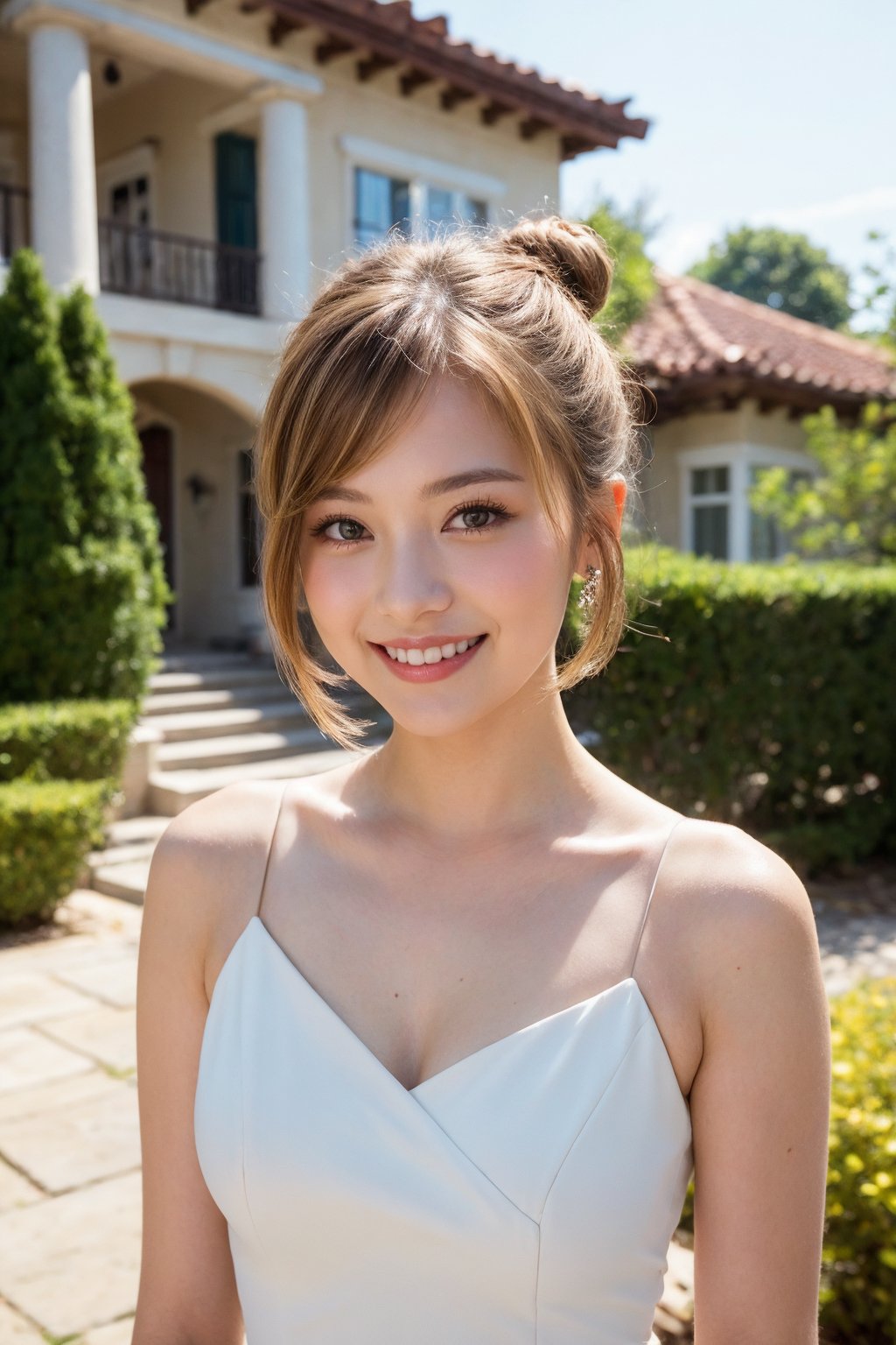 Pretty and charming girl. She wears a very elegant noblewoman oufit. She is a very cute girl. Hyperdetailing masterpiece, hyperdetailing skin, masterpiece quality, with 4k resolution. Charming smile. Short hair, himecut hairstyle, blonde hair. Mansion in background. She belongs to the nobility. bun hairstyle. tender and charming smile.