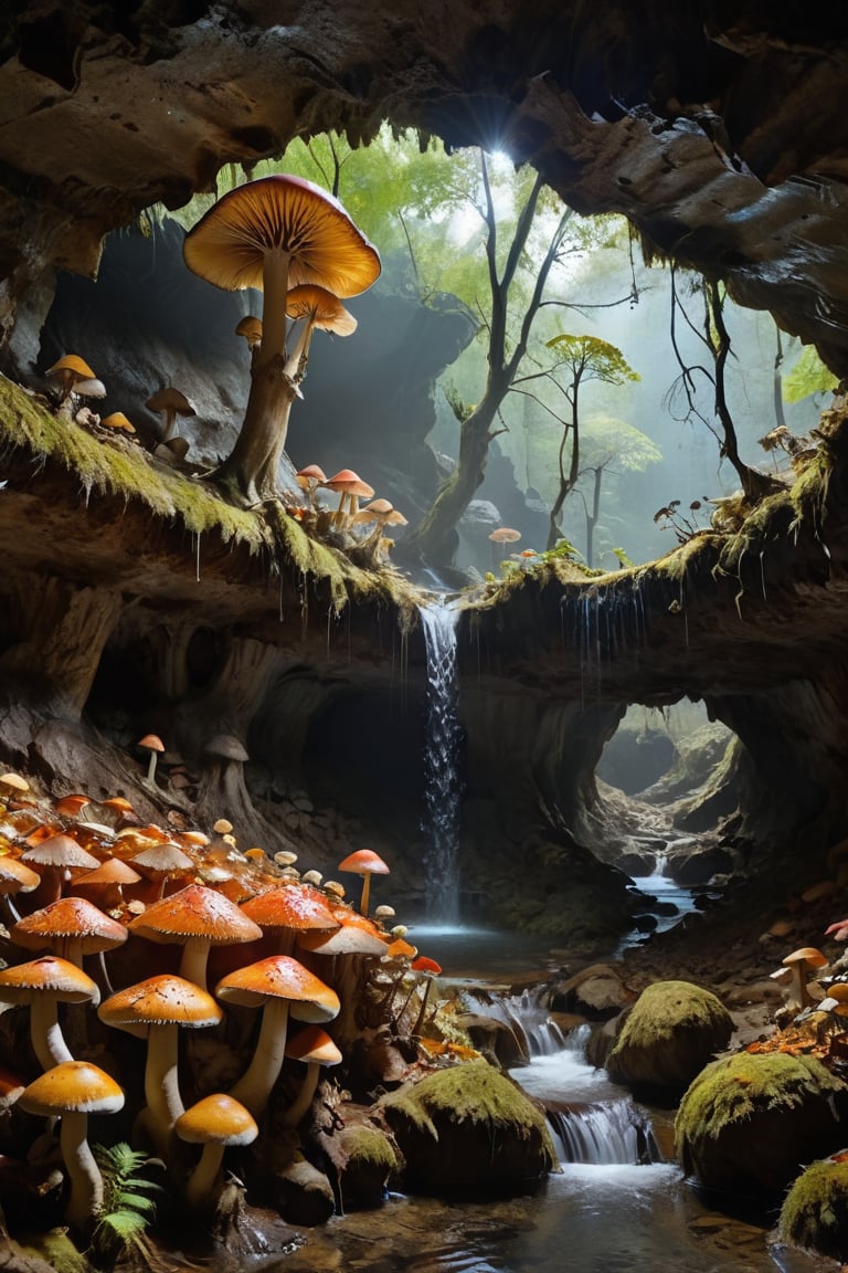 A mountain cave from inside which flowing water is visible, in which there are many mushroom trees, some mushroom trees are very big, all the mushrooms are colourful and are visible in different colours.