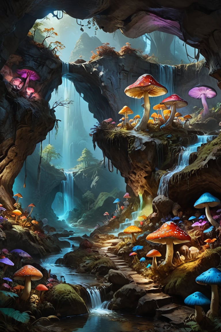 Extermely realistic artwork beautiful colours collection, glowing glowing colours, colour full masroom, masroom A mountain cave from inside which flowing water is visible, in which there are many mushroom trees, some mushroom trees are very big, all the mushrooms are colourful and are visible in different colours.