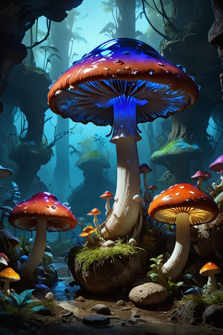 extremely realistic artwork, realistic image, pokemon \(creature\), no humans, glowing, glowing light, colourful colourfull mushroom different different mushroom masterpiece made of glass, giant blue glass mushrooms, bright light cave, glowing colourful glass mushroom, different different colourful mashrooms, big glass mashrooms, big glowing glass mashrooms, lots of glass mashrooms, lots of glass mashrooms in cave,masterpiece,disney pixar style in under the water river mountain view 