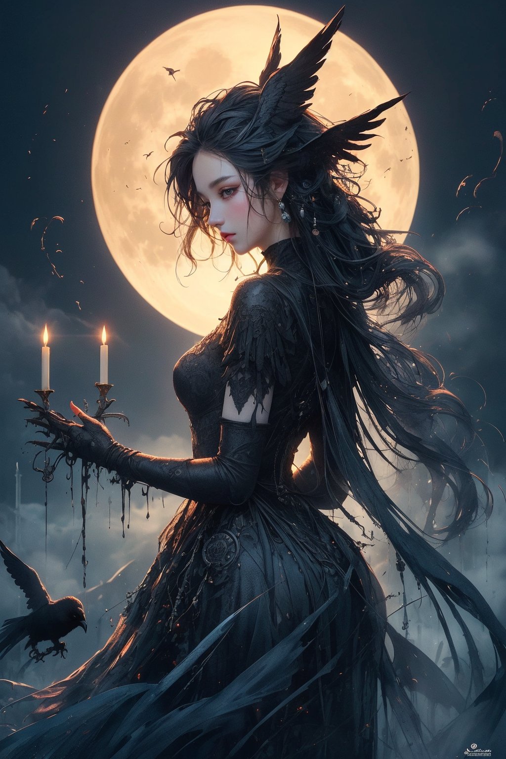 A hauntingly beautiful image: a female version of Edward Scissorhands stands alone on a misty, moonlit night. Her raven-black hair cascades down her back like a dark waterfall, framing the pale, porcelain complexion. The iconic scissorhands grasp and release, as if sculpting the very air around her. In the background, gothic spires pierce the darkness, while eerie, flickering candles cast an otherworldly glow.