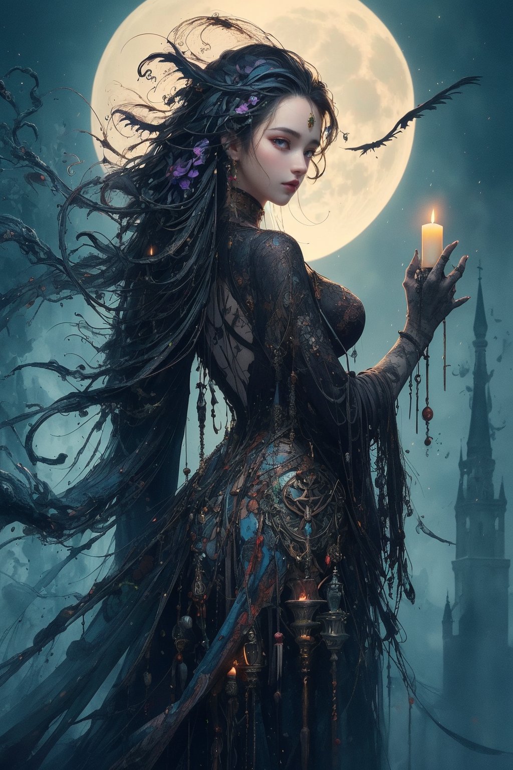 A hauntingly beautiful image: a female version of Edward Scissorhands stands alone on a misty, moonlit night. Her raven-black hair cascades down her back like a dark waterfall, framing the pale, porcelain complexion. The iconic scissorhands grasp and release, as if sculpting the very air around her. In the background, gothic spires pierce the darkness, while eerie, flickering candles cast an otherworldly glow.