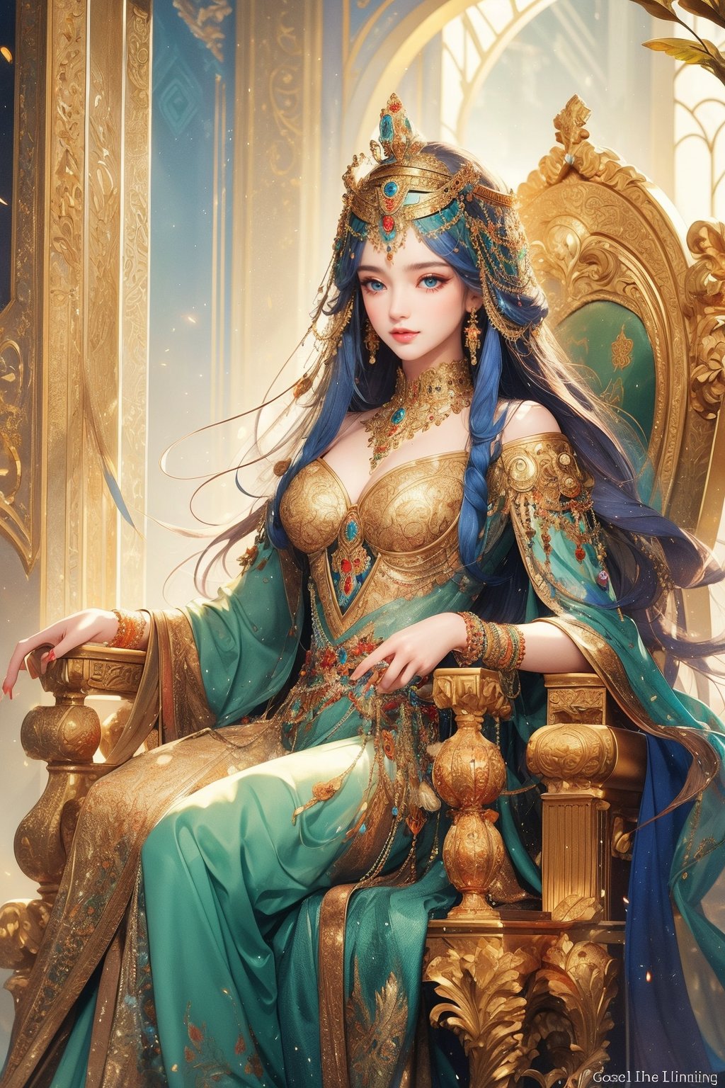 Cleopatra, the queen of Egypt, sits regally on a golden throne, adorned with lapis lazuli and carnelian. Soft, warm light casts a gentle glow on her porcelain skin as she gazes out into the distance, her piercing green eyes seeming to hold the secrets of the ancient Nile. A delicate gold collar wraps around her neck, its intricate details glinting in the soft illumination.