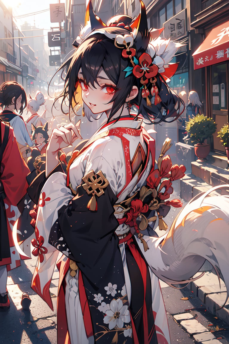 Onmyoji , Kyuubi , chiffon clothes , fox tail , street , sunlight ,gold and lace entanglement, crystal and silver entanglement,clothing_inner_view