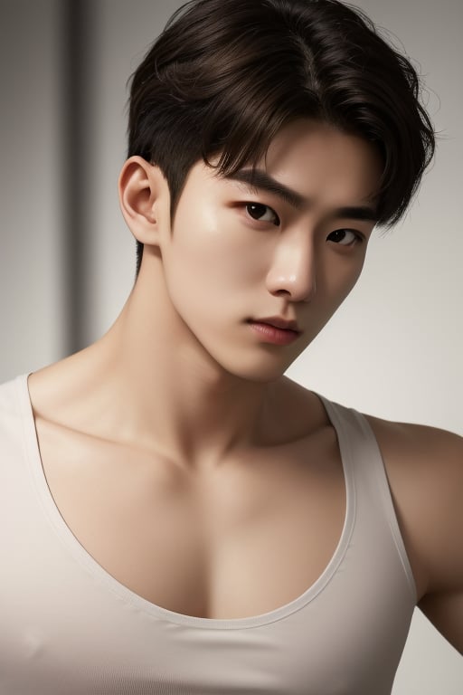  (masterpiece, ultra realistic, ultra detailed, high quality, 8k resolution, cool demeanor, dramatic lighting, high contrast, ultra high res, golden ratio), a 25 years old korean man, broad shoulders, biceps, wearing tank top, slim, light brown hair, whort pulled back hair, thin lips, squinted eyes, sharp cheeks, sharp jawline, flared nose