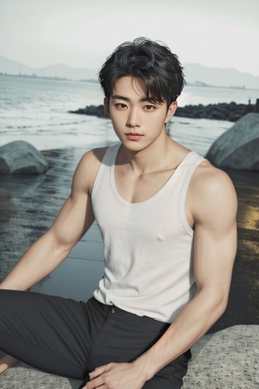  (masterpiece, ultra realistic, ultra detailed, high quality, 8k resolution, cool demeanor, dramatic lighting, high contrast, ultra high res, golden ratio), a 25 years old korean man, broad shoulders, v-neck tank top and black pants, slim, whort pulled back hair, thin lips, squinted eyes, sharp cheeks, sharp jawline, flared nose, tied up his hands, full body, sunny day, sitting down on a stone, beach background