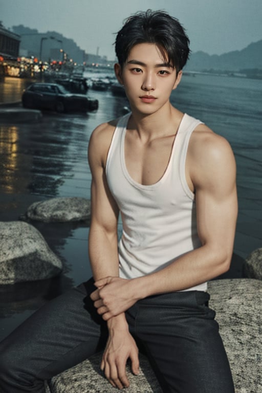  (masterpiece, ultra realistic, ultra detailed, high quality, 8k resolution, cool demeanor, dramatic lighting, high contrast, ultra high res, golden ratio), a 25 years old korean man, broad shoulders, v-neck tank top and black pants, slim, whort pulled back hair, thin lips, squinted eyes, sharp cheeks, sharp jawline, flared nose, tied up his hands, full body, sunny day, sitting down on a stone, beach