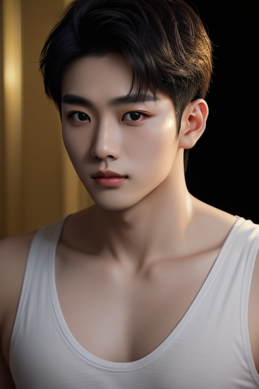  (masterpiece, ultra realistic, ultra detailed, high quality, 8k resolution, cool demeanor, dramatic lighting, high contrast, ultra high res, golden ratio), a 25 years old korean man, wearing tank top, slim, medium ranged black hair, thin lips, squinted eyes, sharp cheeks, sharp jawline, flared nose, half body portrait