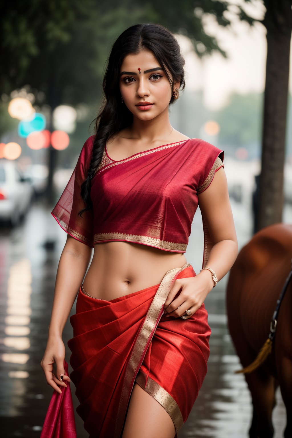 best quality,4k,8k,highres,masterpiece:1.2),ultra-detailed,(realistic,photorealistic,photo-realistic:1.37), beautiful detailed eyes,beautiful detailed lips, Full body shot of girl 19 years old, Cinematic film still girl wearing transperent saree walking with horse in the rain, deep navel. 