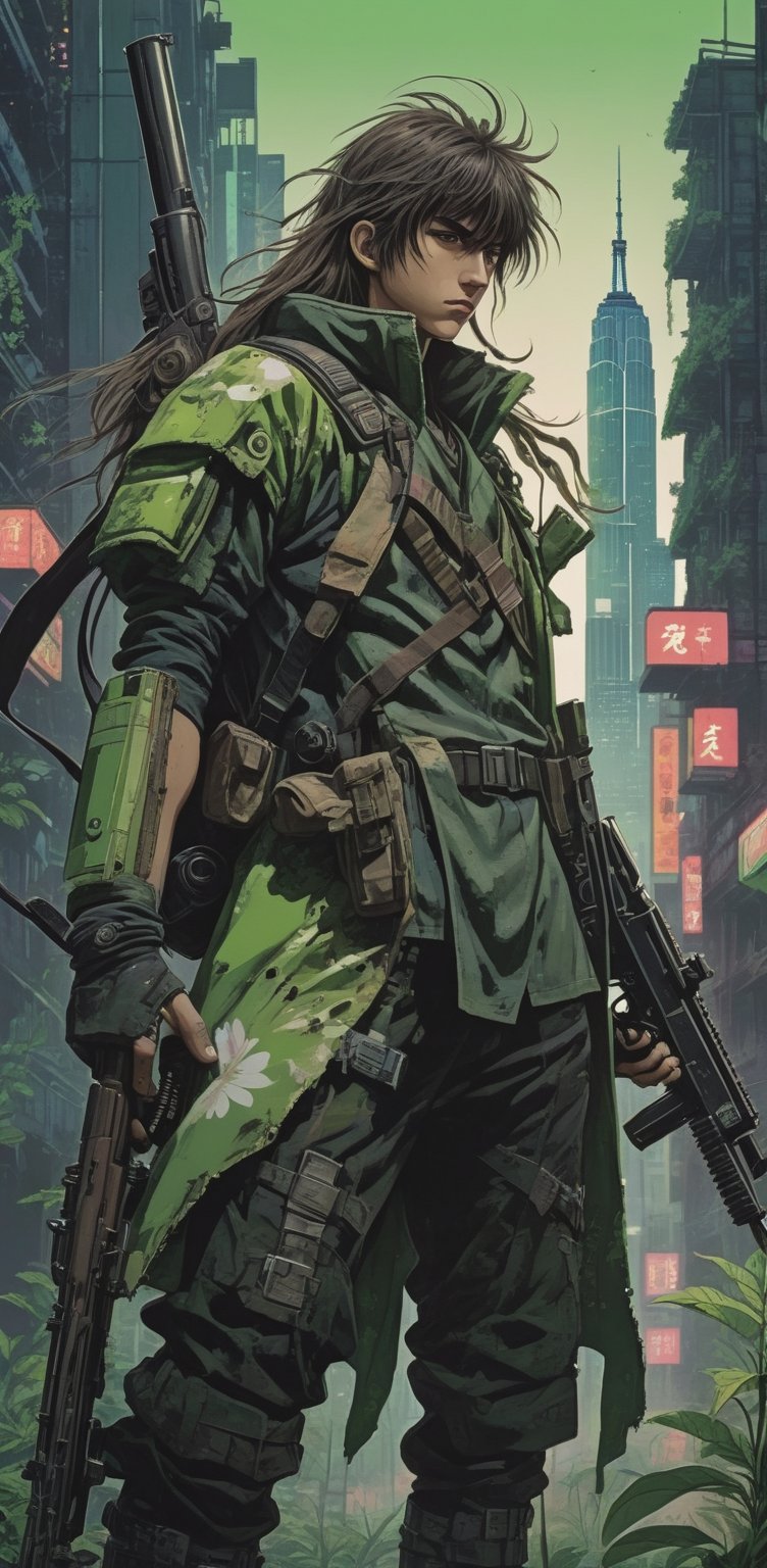 Retro-styled illustration of a lone, long-haired boy with bangs, dressed in post-apocalyptic attire, carrying a rifle and exuding determination. Against the backdrop of a cyber city New york, now reclaimed by vegetation, he stands out against the warm green lime hues of the setting night. The halftone effect adds texture, while the Ghibli-inspired anime style captures the nostalgic essence of 1980s-1990s animation. Solarpunk undertones evoke hope and resilience in the face of desolation.

The background ruins are filled with vegetation.,Ukiyo-e,cyberpunk style