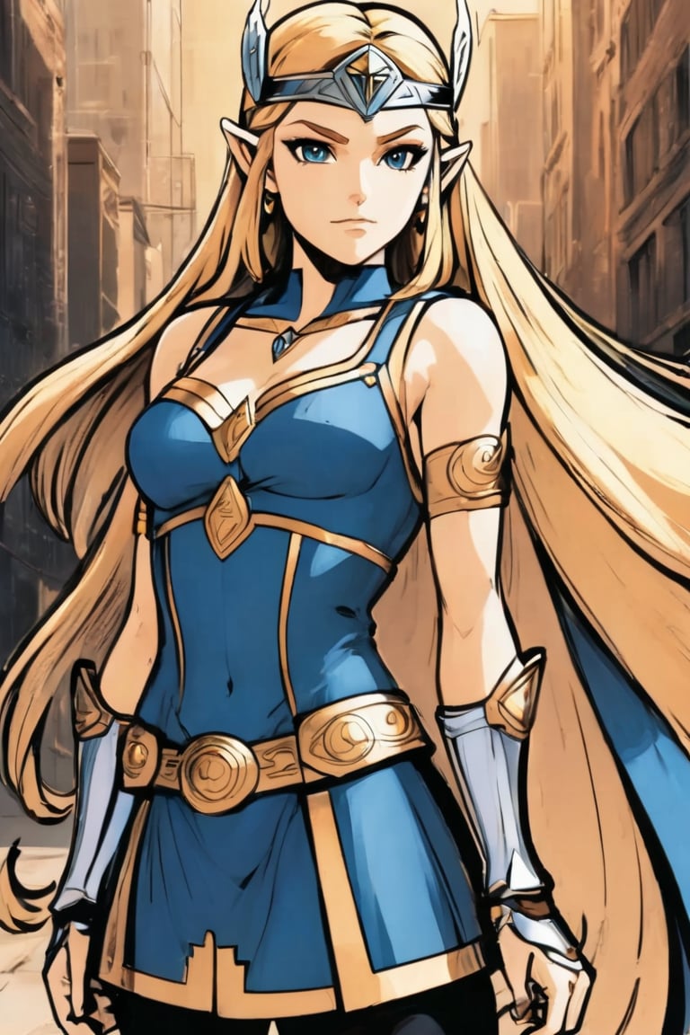 photo realistic, full body(Zelda from nitendo), dressed in a very tight Thor body suit, golden long wavy hair, no helmet, night city background, inkpunk, full shot, cel-shading style, centered image, ultra detailed illustration, ink lines, strong contours, art nouveau, MSchiffer art, bold strokes, no frame, high contrast, cellular shading, vector, 32k resolution, best quality, procreation, watercolor technique, poster design, 300dpi, soft lighting, ethereal art, mysterious and serene expression, charming atmosphere, bokeh, photography, 8k, dark and dynamic action, pale faded style, dreamy nostalgic, soft focus, dark vignetting, light leaks, medium photography, art painting of shadows, ethereal photography, whimsical and rough grain