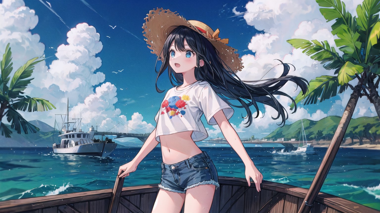 1girl, solo, long hair, open mouth, shirt, black hair, hat, navel, standing, white shirt, cowboy shot, outdoors, sky, shorts, day, midriff, artist name, cloud, water, blue sky, crop top, ocean, denim, animal print, denim shorts, straw hat, watercraft, print shirt, boat, colors