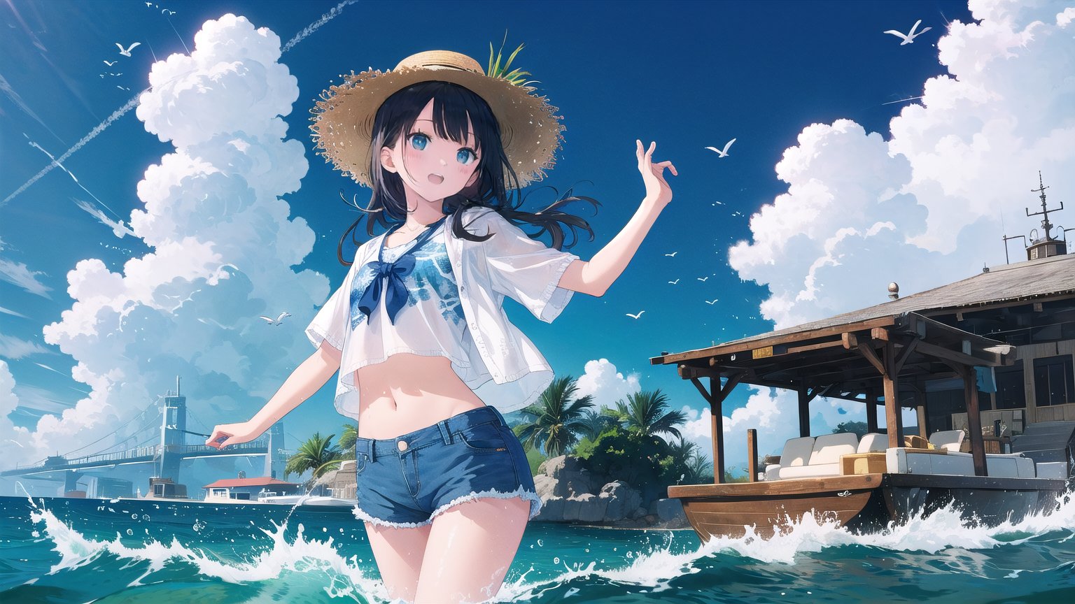 1girl, solo, long hair, open mouth, shirt, black hair, hat, navel, standing, white shirt, cowboy shot, outdoors, sky, shorts, day, midriff, artist name, cloud, water, blue sky, crop top, ocean, denim, animal print, denim shorts, straw hat, watercraft, print shirt, boat, colors