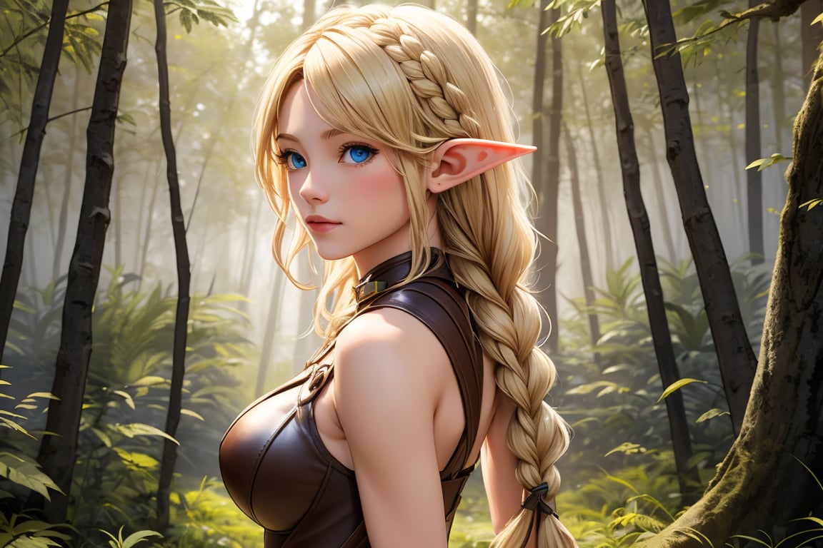 Show a young, cute elf woman, with blonde hair and blue eyes, alone in an enchanted forest. She has a regular body type, slightly fit but agile and elegant. She has medium-long hair with a braid parting from each side of her head and joining in the back, and her bangs to the side. She is an archer and wears a leather armor. Full body shot,MUGODDESS