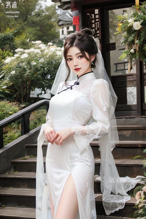 1girl, solo, beautiful asian looking girl, looking at viewer, smile, long black hair, ((white long sleeves)), ((white dress)), jewelry, ((hair bun)), flowing long hair, wedding veil, beautiful chinese ornament hairpin, standing, torso shot, earrings, outdoors, wide sleeves, chinese clothes, veil, stairs, hanfu, intricate details, highly detailed, expressiveh, emotionless, realistic, 