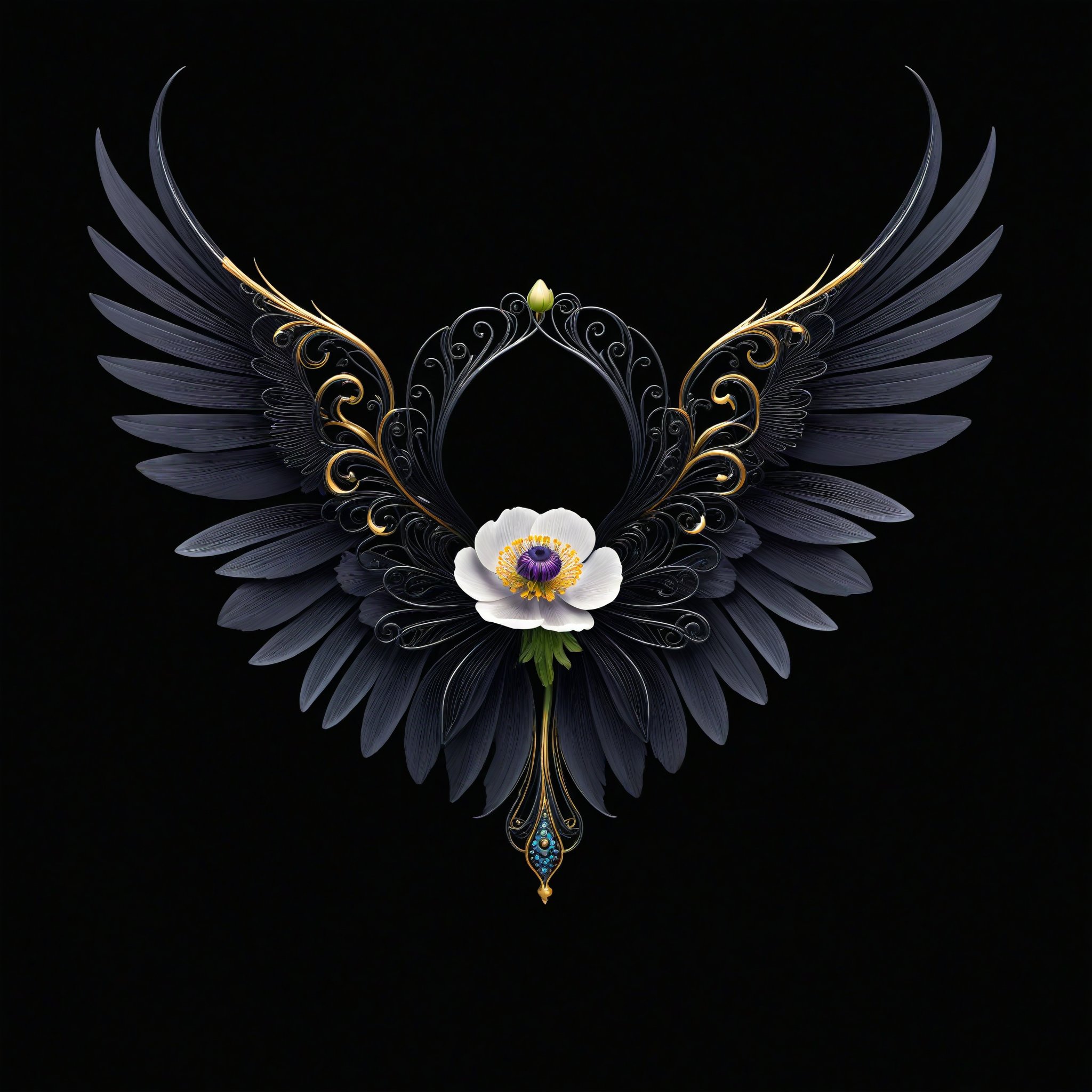 a anemone flower whit wing majestic with clasic ornament Mechanical lines Elegance T-shirt design, BLACK BACKGROUND