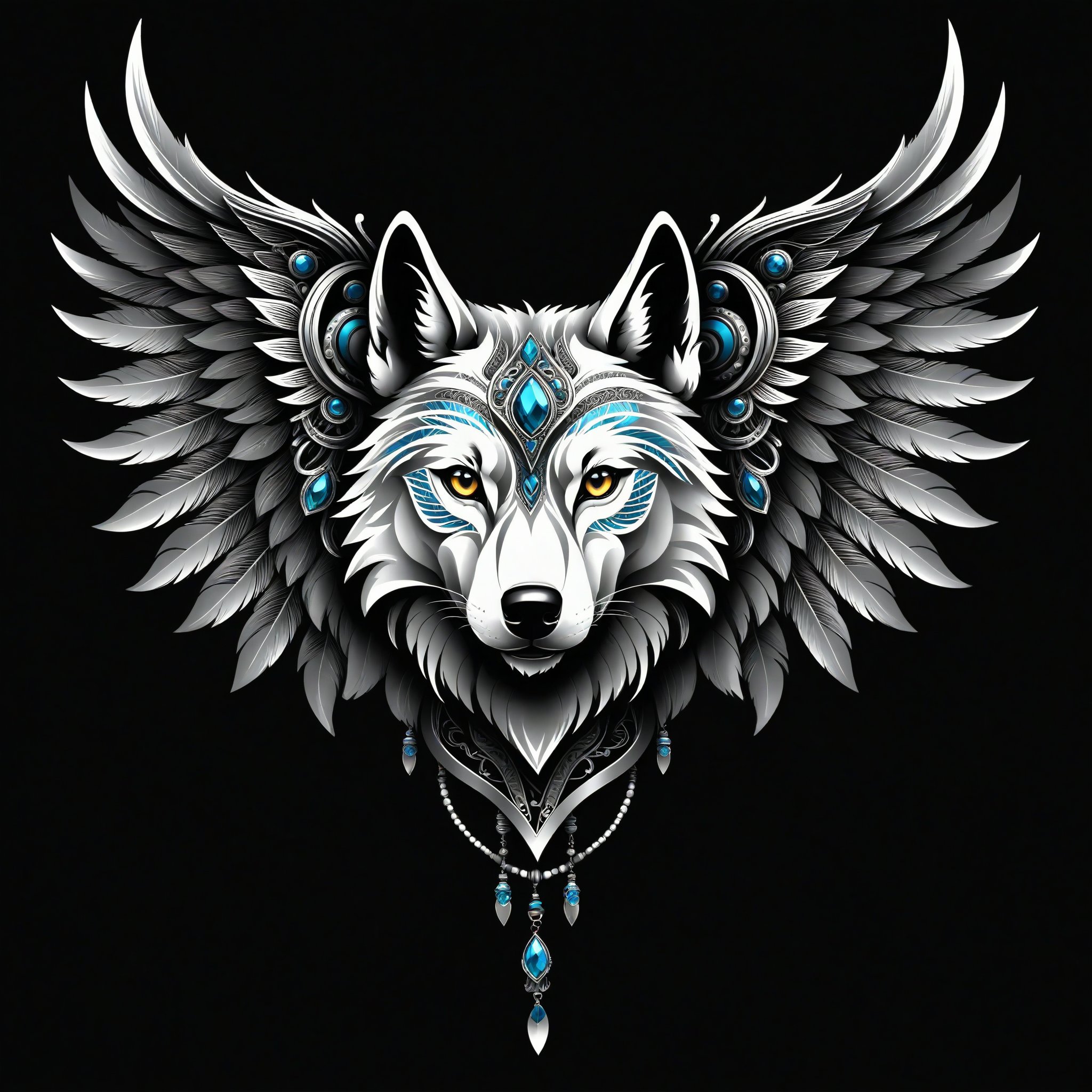 a wolf tribal whit wing majestic with clasic ornament Mechanical lines Elegance T-shirt design, BLACK BACKGROUND