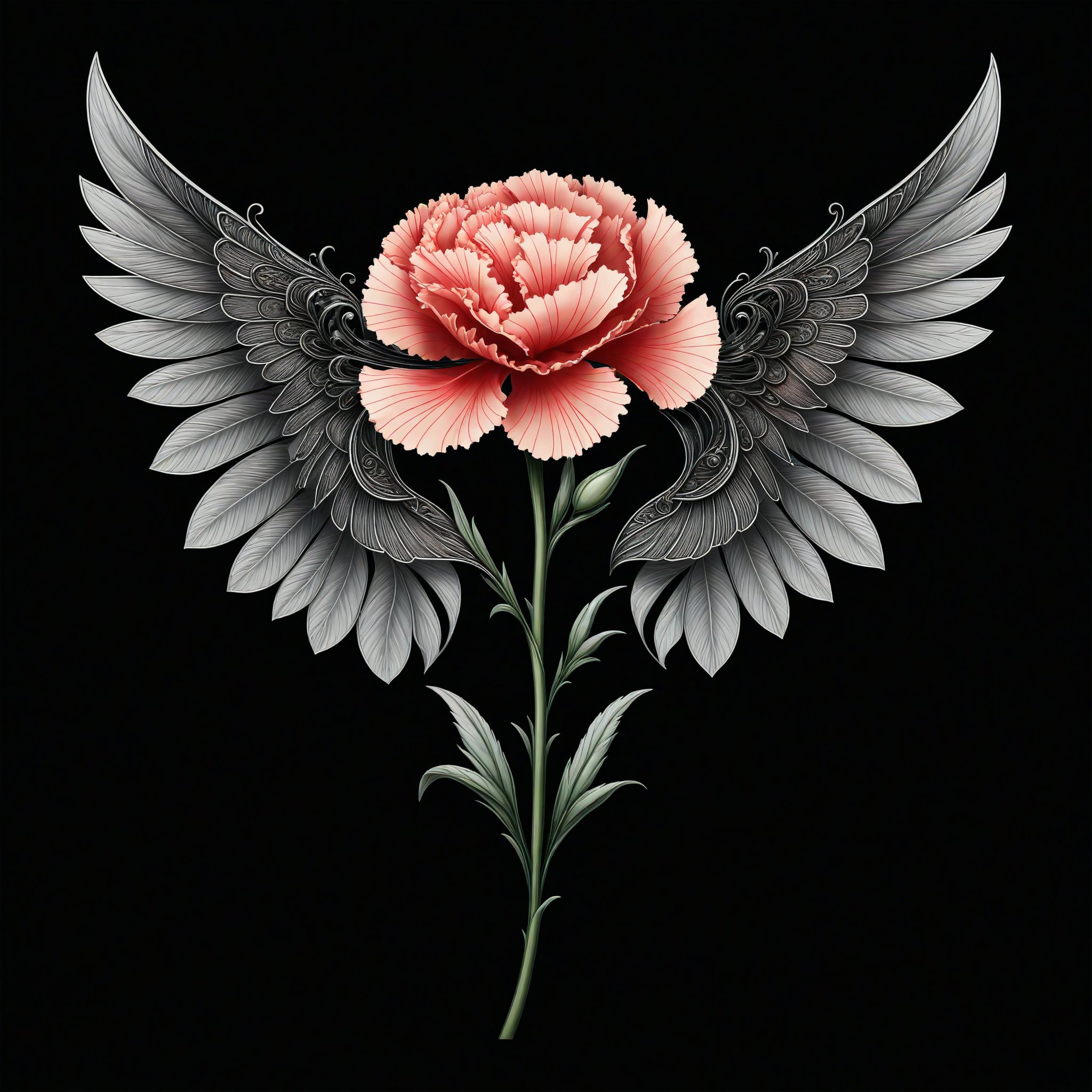 a carnation flower whit wing majestic with clasic ornament Mechanical lines Elegance T-shirt design, BLACK BACKGROUND
