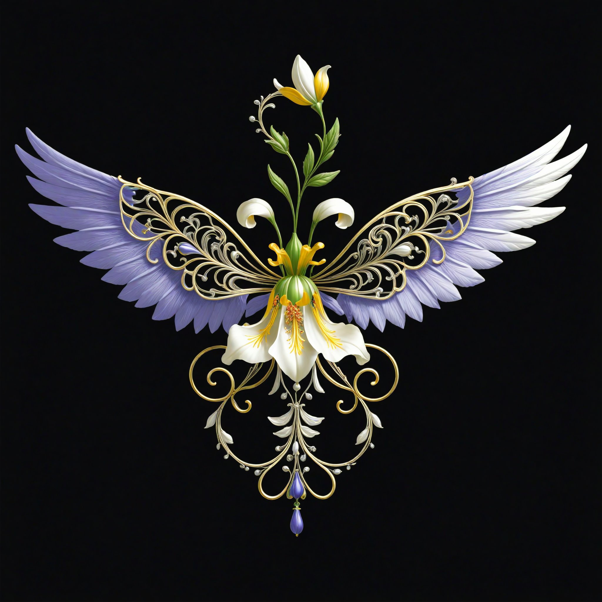 a bellflower flower whit wing majestic with clasic ornament Mechanical lines Elegance T-shirt design, BLACK BACKGROUND