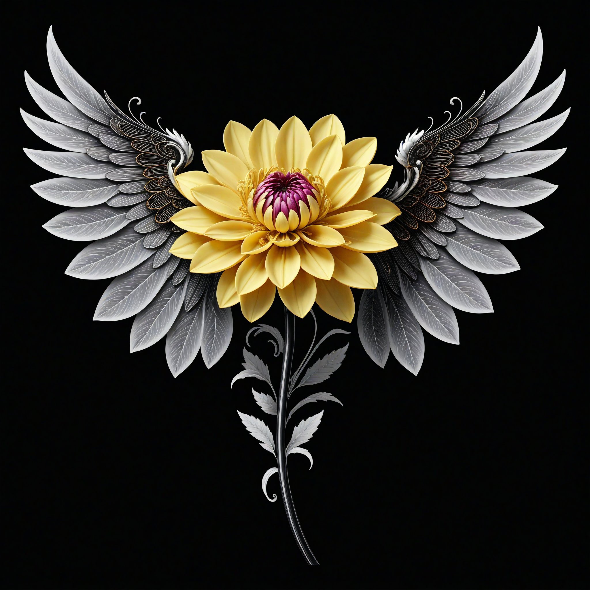 a dhalia  flower whit wing majestic with clasic ornament Mechanical lines Elegance T-shirt design, BLACK BACKGROUND