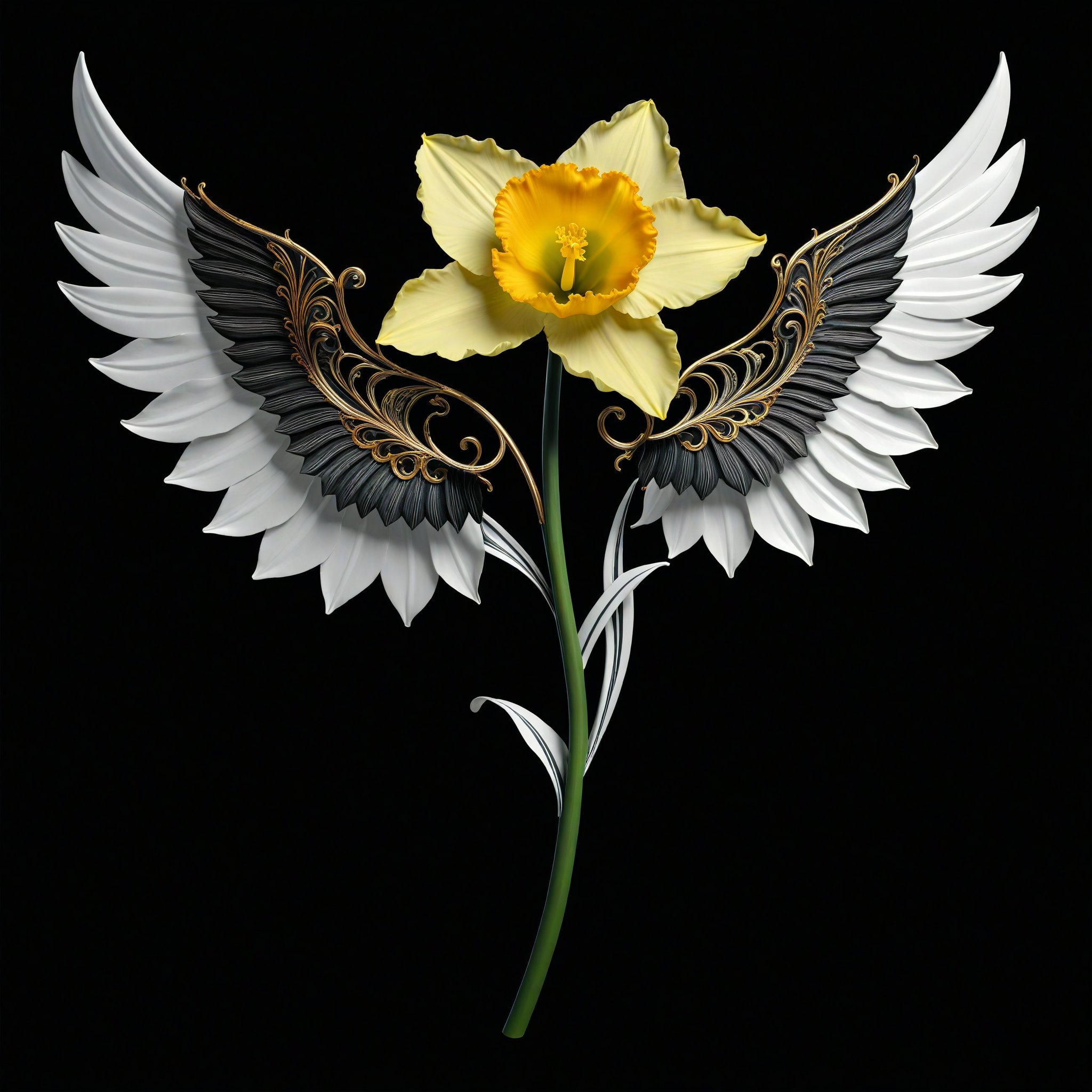 a daffodil flower whit wing majestic with clasic ornament Mechanical lines Elegance T-shirt design, BLACK BACKGROUND
