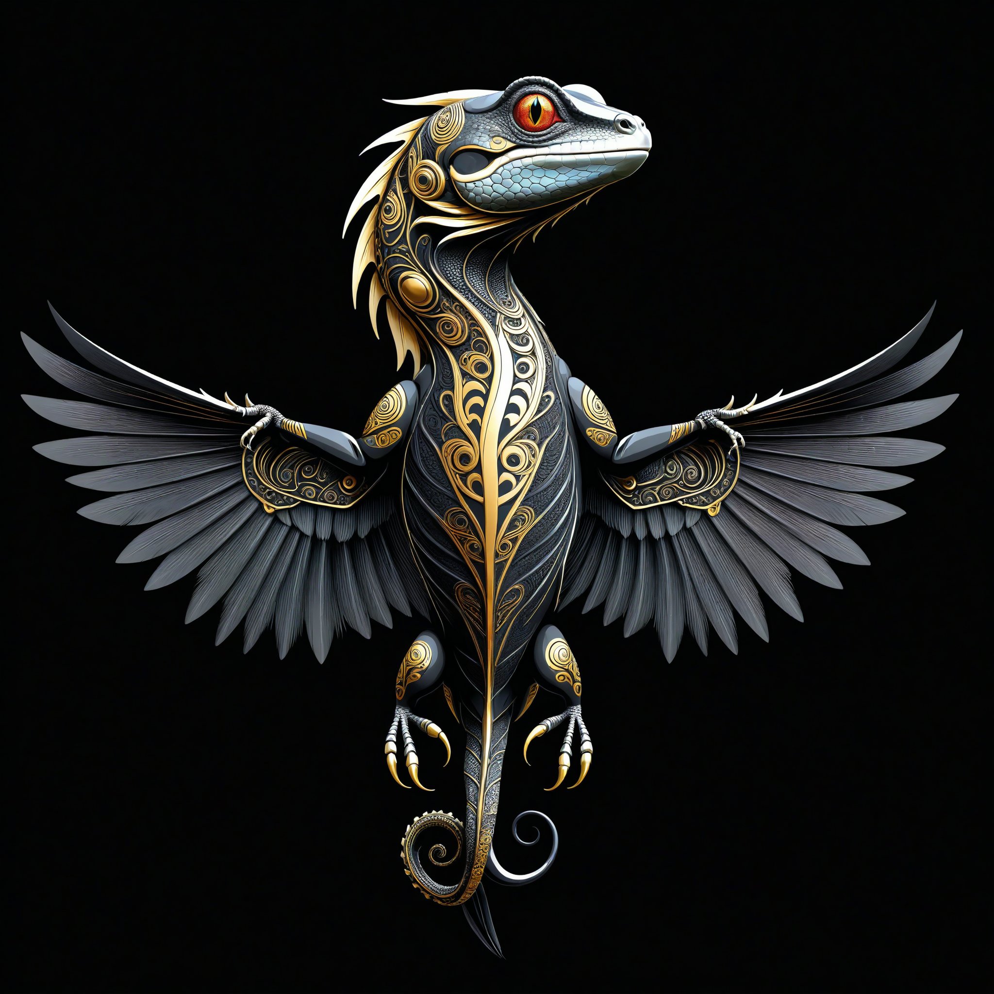 a lizard tribal whit wing majestic with clasic ornament Mechanical lines Elegance T-shirt design, BLACK BACKGROUND