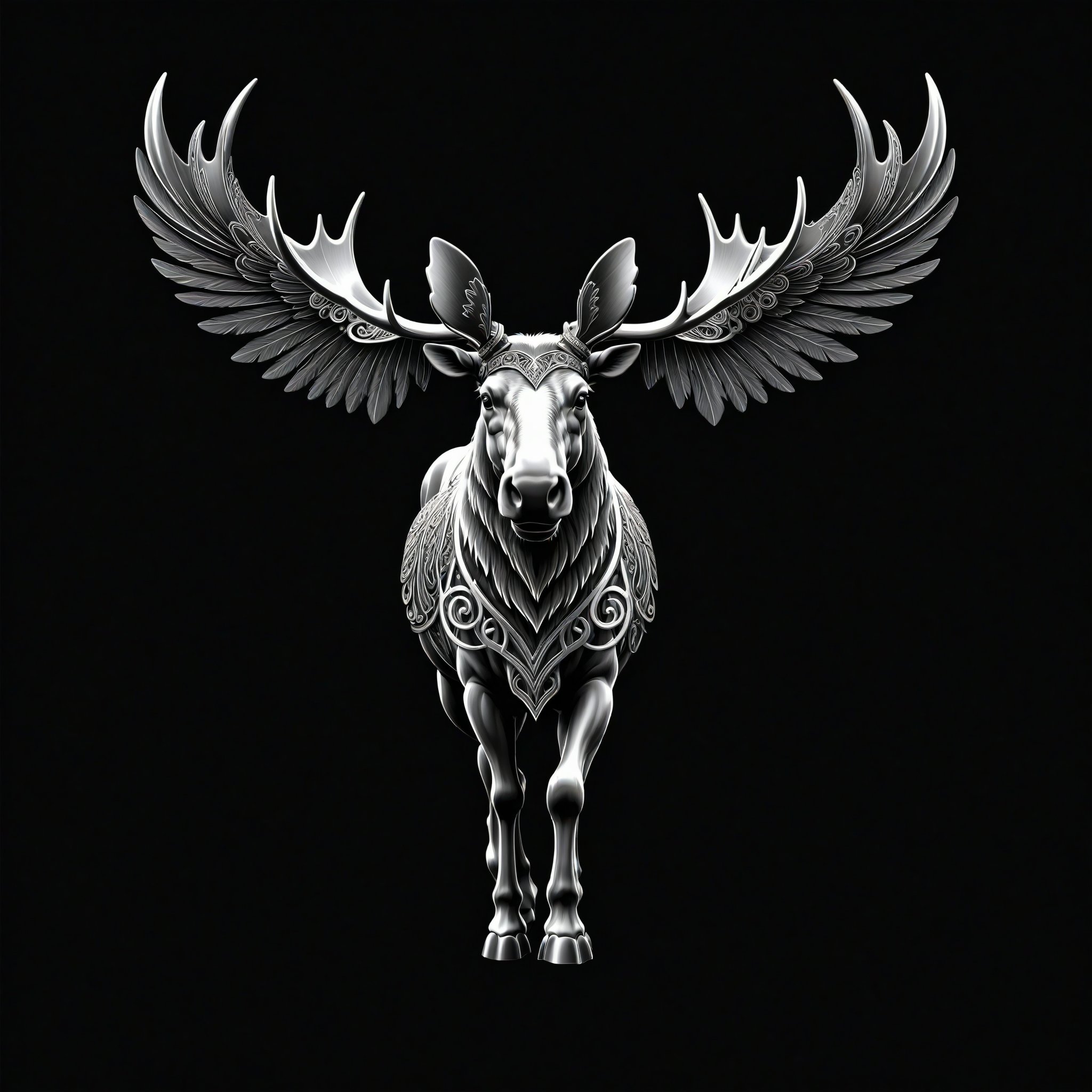a moose tribal whit wing majestic with clasic ornament Mechanical lines Elegance T-shirt design, BLACK BACKGROUND