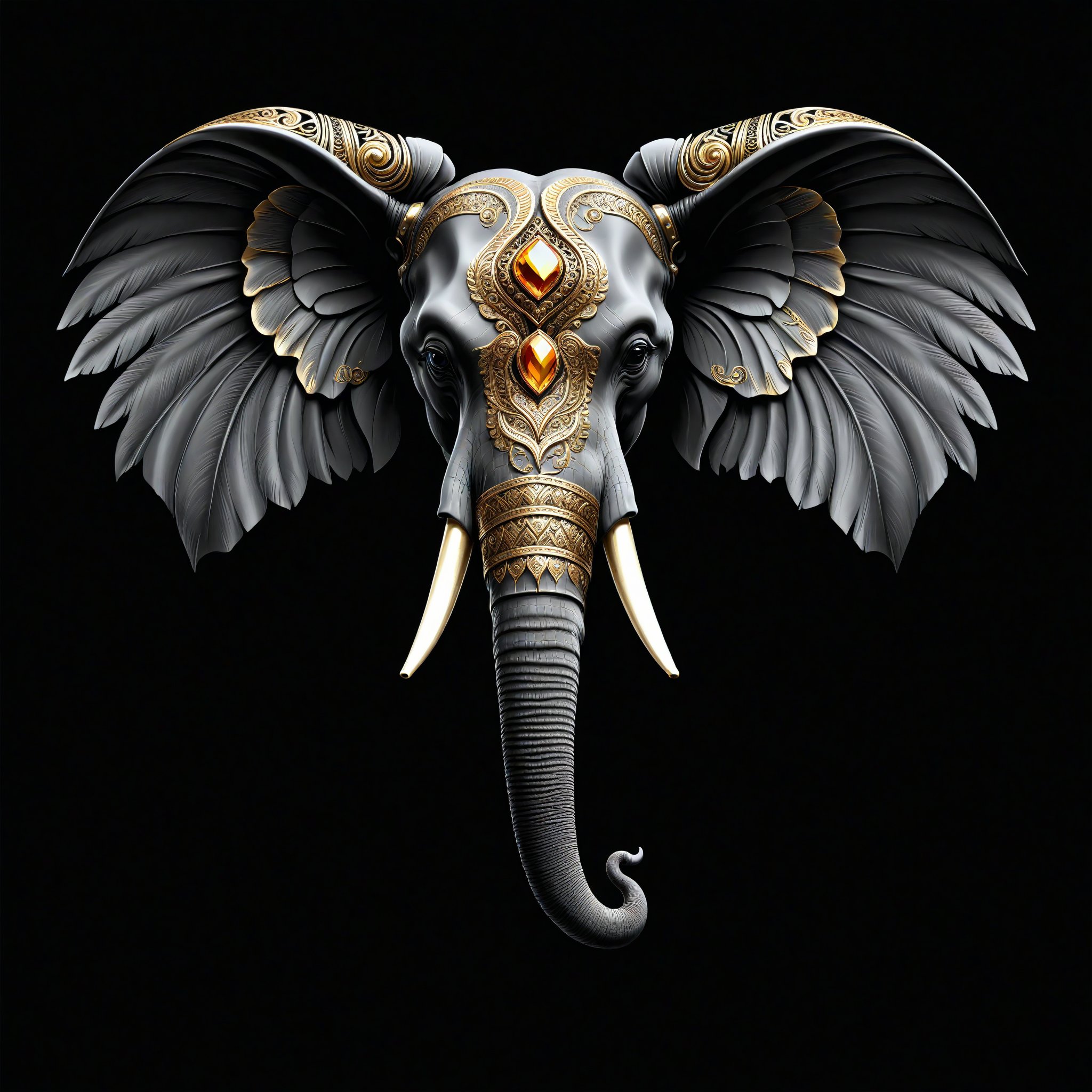 a elephant tribal jewerly whit wing majestic with clasic ornament Mechanical lines Elegance T-shirt design, BLACK BACKGROUND