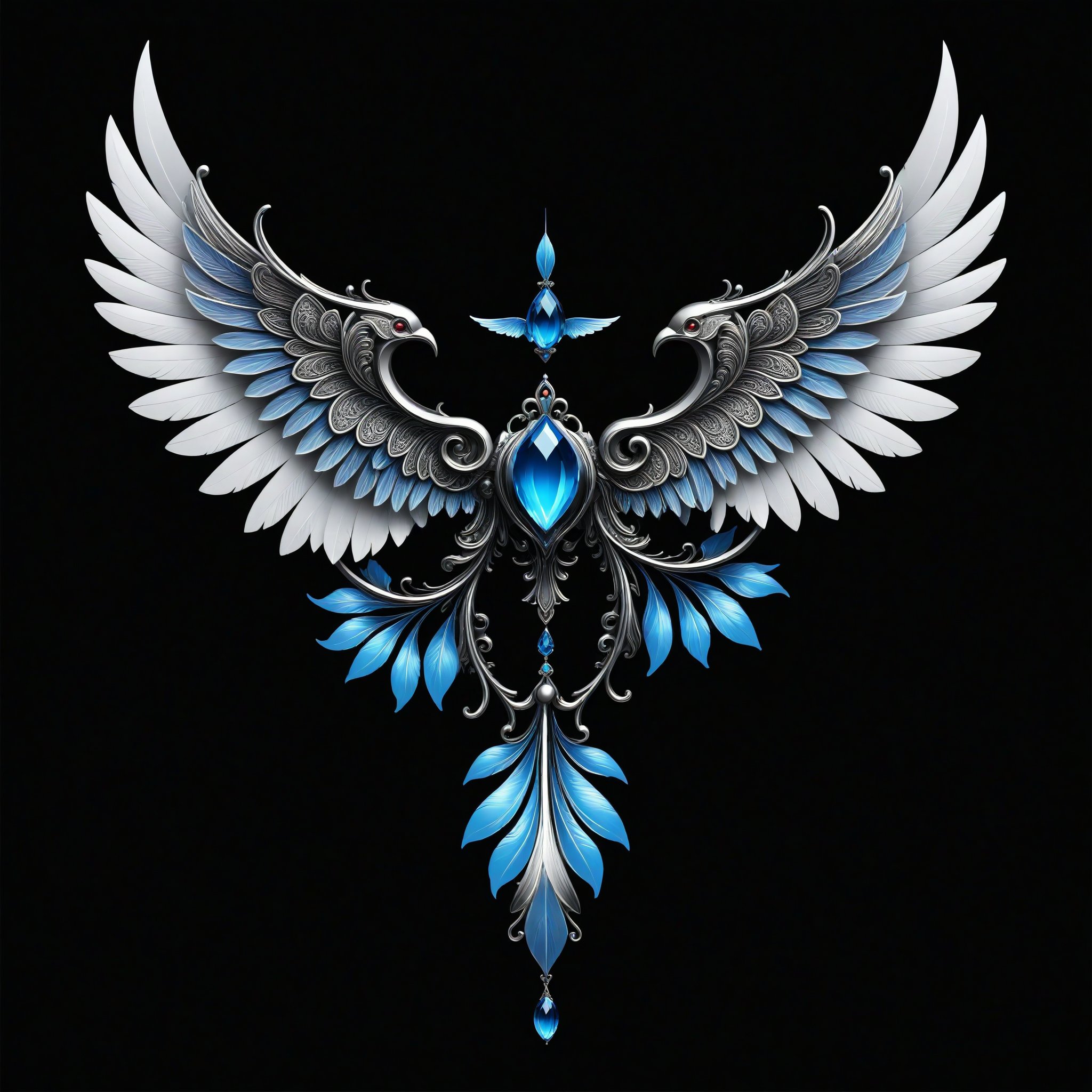 a hydragea whit wing majestic with clasic ornament Mechanical lines Elegance T-shirt design, BLACK BACKGROUND