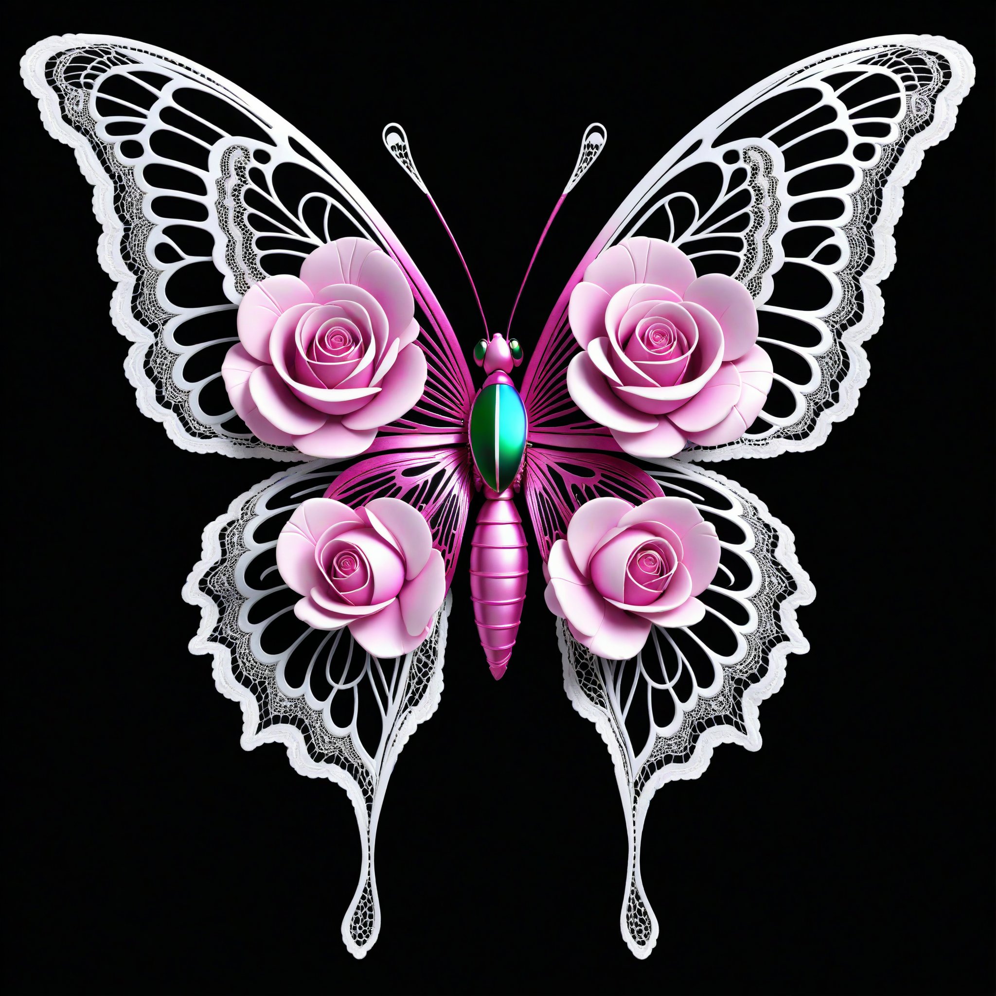 a butterfly iridicent pink whit lace bows roses elegant, clasic ornament Mechanical lines Elegance T-shirt design, BLACK BACKGROUND